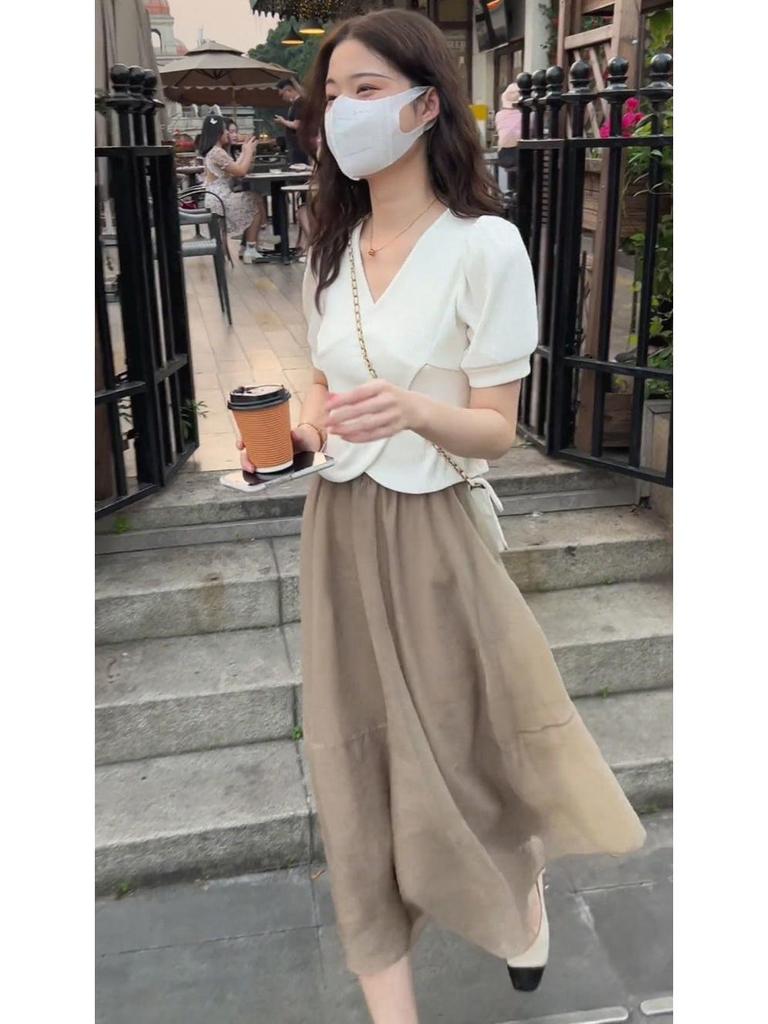 Influencer Women's Summer Two-Piece Set: Short Sleeve Crop Top & High Waist Midi Skirt