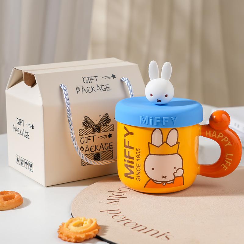 High Value Cartoon Miffy Ceramic Cup with Lid for Home Cute Couple Water Cup Gift Box Creative Souvenir Mug