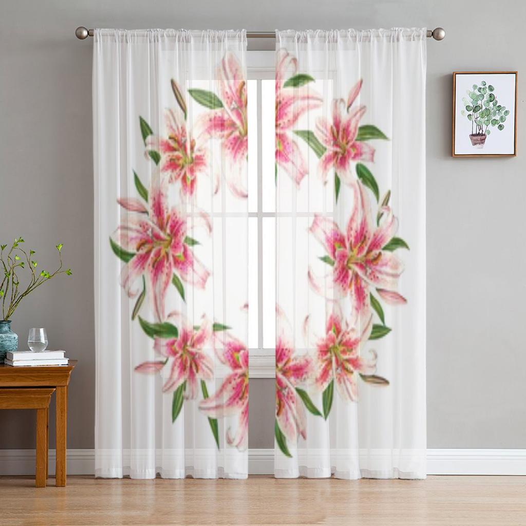 Beautiful Pink Lily Wrearh Sheer Window Curtains For Living Room Bedroom Modern Voile Tulle Curtains Fabric Drapes For Kitchen
