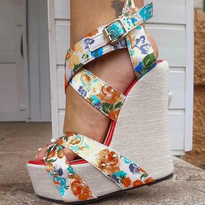 Sandalias de plataforma de cuña a la moda de verano para mujer, zapatos con hebilla y correa de seda estampada, sandalias informales sexis para fiesta femenina, zapatos