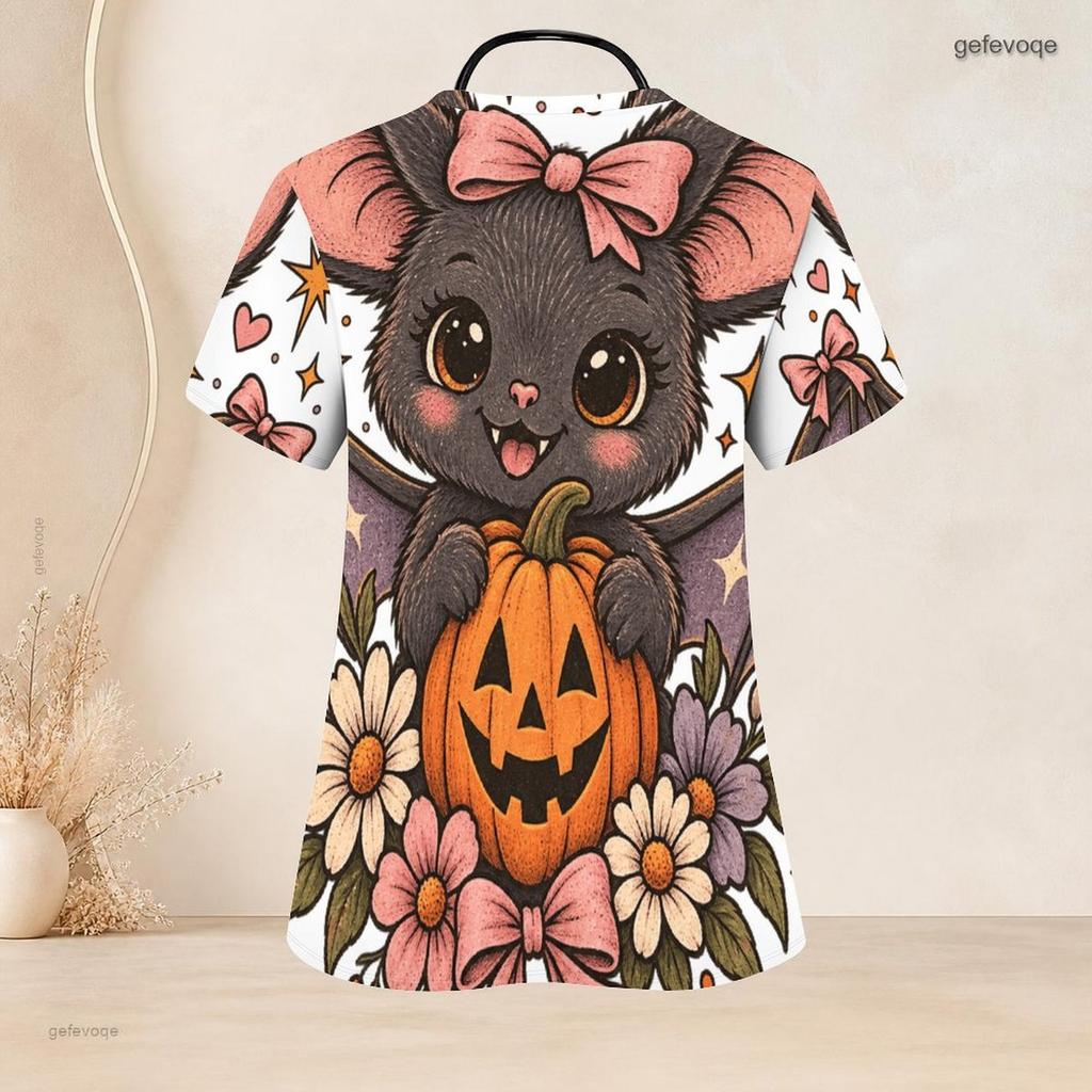 Women Plus Size Halloween Panda Ghost Printed Scrub Top V Neck Short Sleeve With Front Pockets