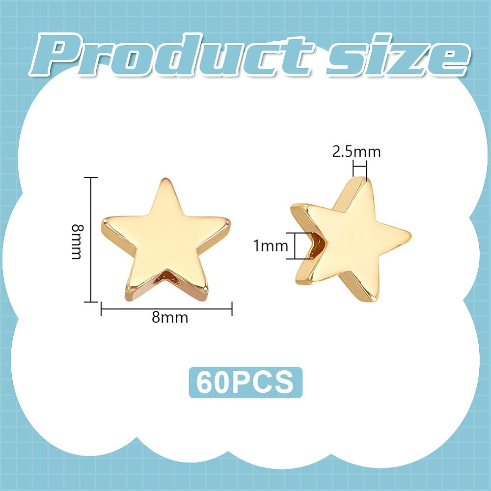 60Pcs Rack Plating Star Brass Beads, Long-Lasting Plated, Cadmium Free & Lead Free, Real 18K Gold Plated, 8x8x2.5mm, Hole: 1mm