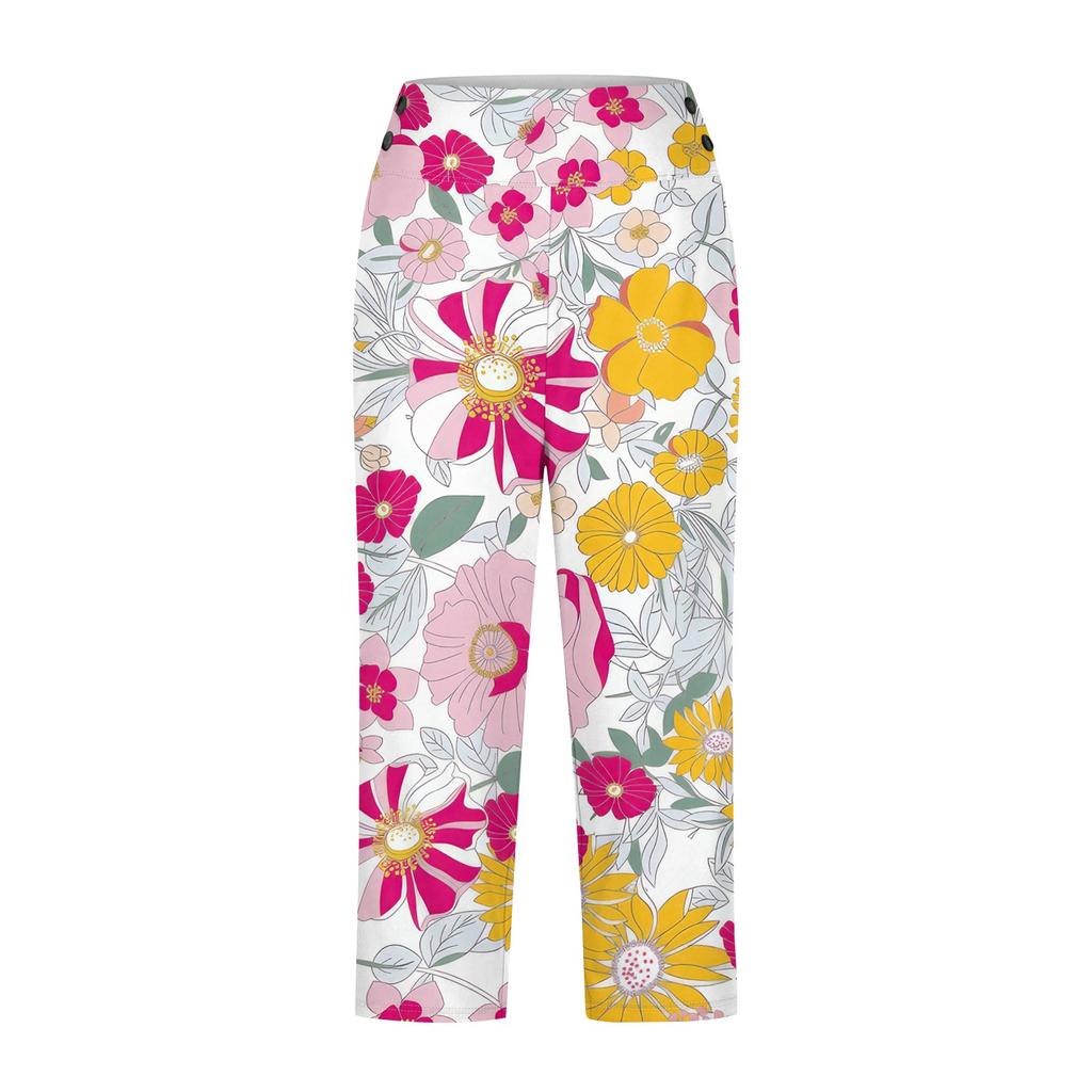 Women's Vintage Floral Print Button Pocket Trousers Slit High Waist Sports Yoga Casual Pants