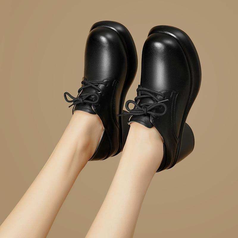 7cm Boty v britském vintage stylu s hlubokým výstřihem z pravé kůže Dámské Oxfords Jaro 2025 Střední blokový podpatek Platforma Lodičky Kancelářské Maminka