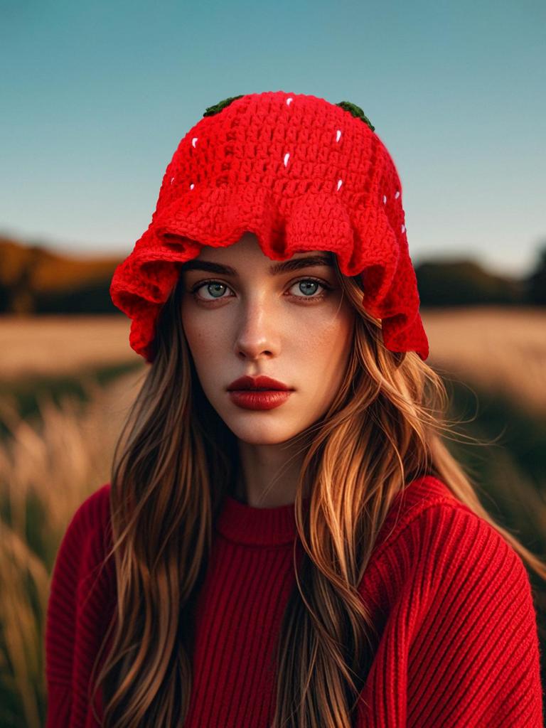 Strawberry Ruffle Crochet Woolen Hat - Women's Cute Autumn/Winter Fisherman Style