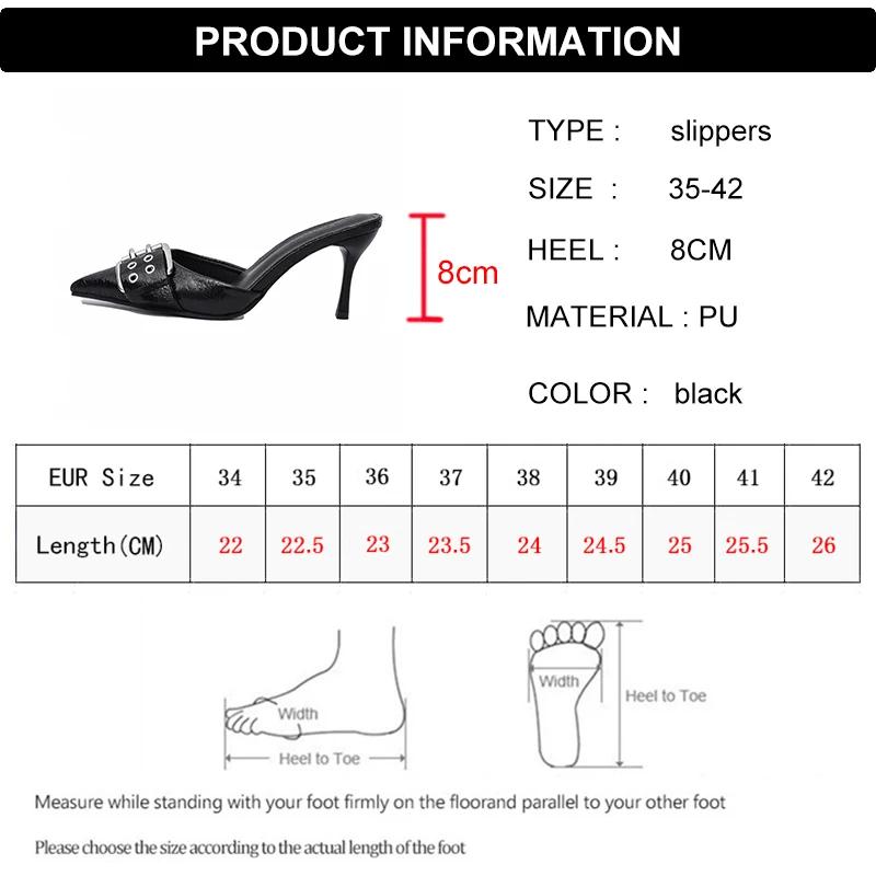 Fashion High Heels Pointed Toe High Heel Mules Slippers Women Fashion Bukle Decor Thin Heels Sandals Woman Pu Leather Slip On Party Shoe
