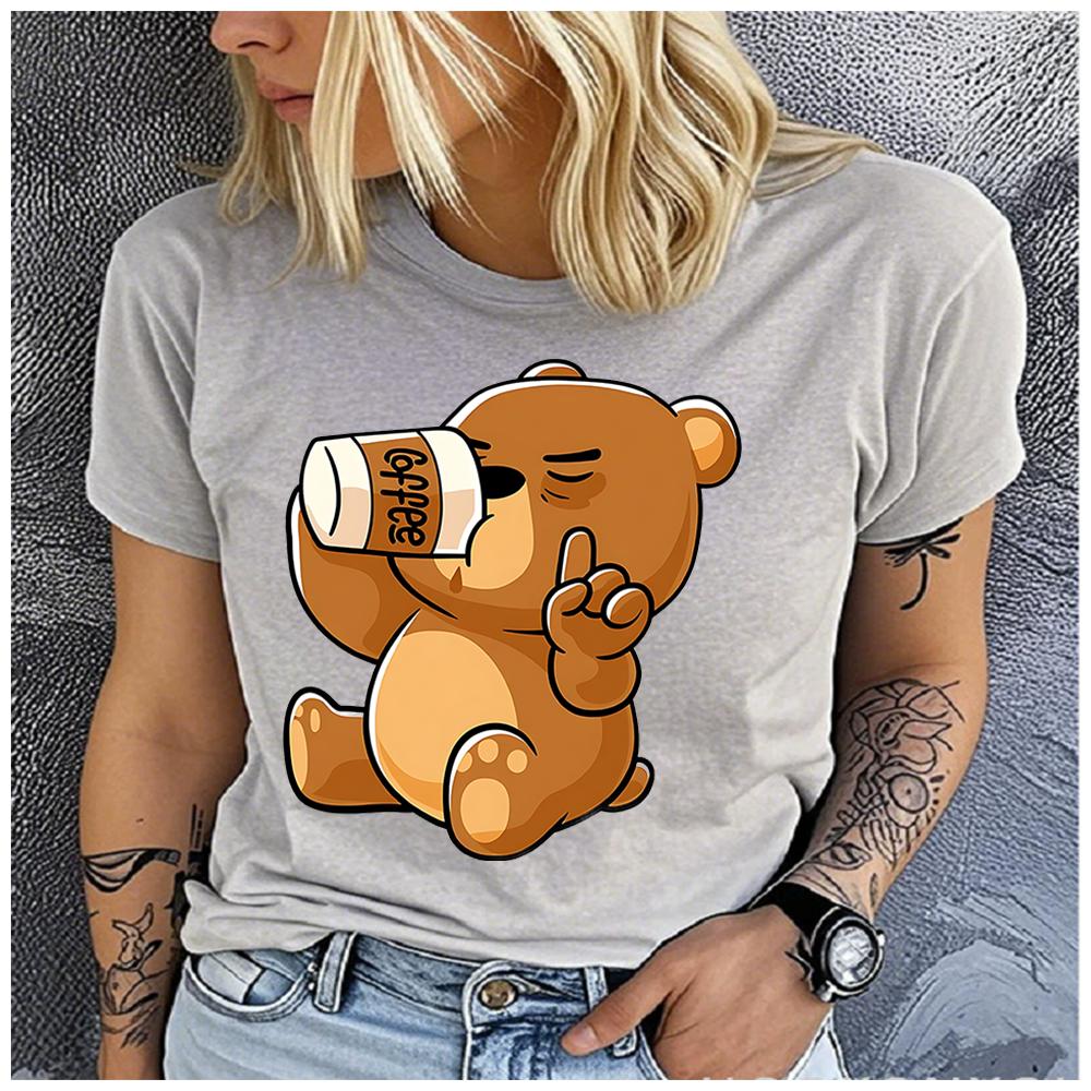 Unisex 100% Polyester Cartoon Brown Bear Print Loose Round Neck Casual Short Sleeve T-Shirt Fashion Top for Summer