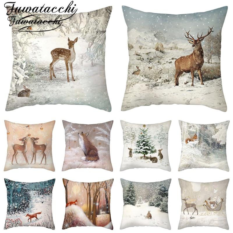 Fuwatacchi Merry Christmas Cushion Cover Animals Deer Pillow Cover Μαλακή μαξιλαροθήκη Σπιτιού Διακοσμητική για Καναπέ Μαξιλαροθήκη Θήκη