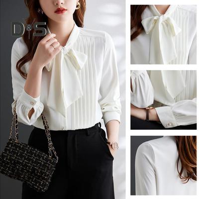 Damen-Shirt mit Stehkragen, Schnürung und Schleife, langärmelig, plissiert, Pullover, Oberteile, einfarbig, lockere Passform, Chiffonbluse