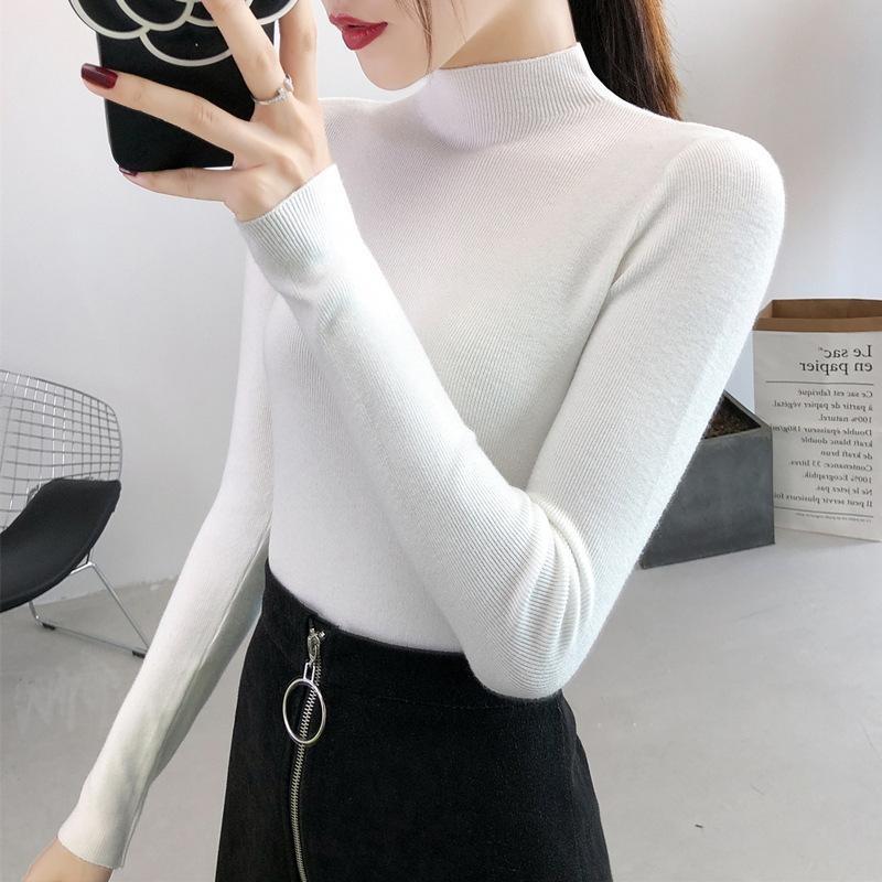 Half Turtleneck Knitted Pullovers Sweaters Women Autumn Winter Primer Shirt Long Sleeve Short Slim-fit Tight Jumper Tops Solid Color One Size