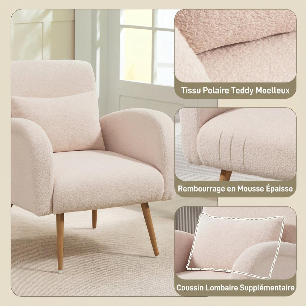 Teddy Fabric Lounge Chair, Upholstered, Wide Seat, Lumbar Cushion, Wood-Effect Metal Legs, Beige