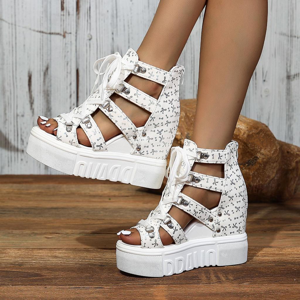 Fish mouth sandals women's hollow inner height increase breathable mesh shoes muffin thick-soled wedge heel high heel Roman student sandals