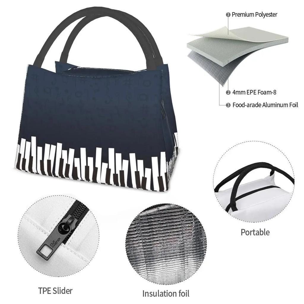Klaviertastatur Tasten Brotdose Merch Tragbare Isolierte Canvas Kühltasche Musikalisches Symbol Musiknote Thermische Reise-Brotdose