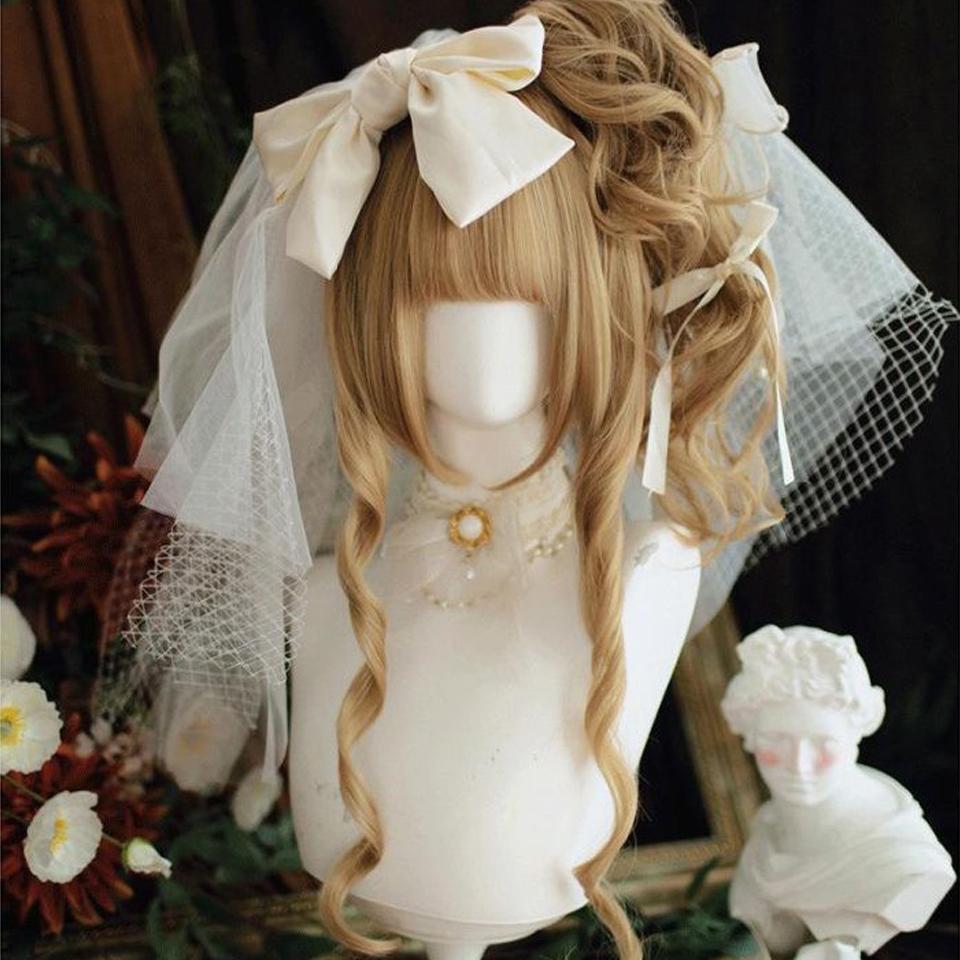 Linen Gold Double Ponytail Synthetic Wig Female Natural Elegant Linen Gold Long Curly Lolita Double Ponytail Full Head Wig