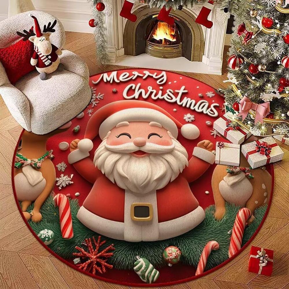 Santa Claus Polyester Christmas Round Mat Snowflake Print Snowman Cartoon Round Rug Anti-Slip Round Carpet Home Decor