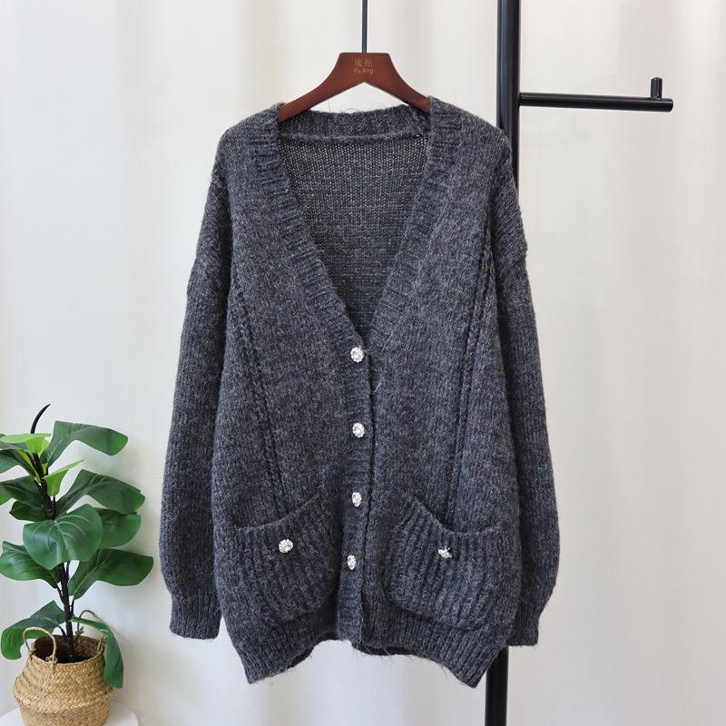 Medium and long V-neck knitted cardigan autumn and winter new loose lazy style temperament sweater jacket women