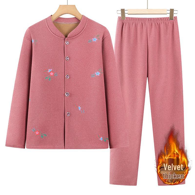 Women's Plus Velvet Warm Pajama Cardigan Set for Fall/Winter – Two-Piece Homewear for Grandma/Mom