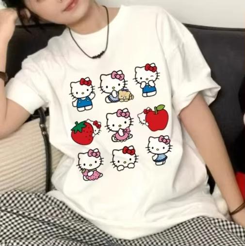 

2026 HelloKitty Sanrio Printed Cotton TShirt Summer Cartoon Design Childrens Roundneck Fashion LooseFitting Casual Wear S