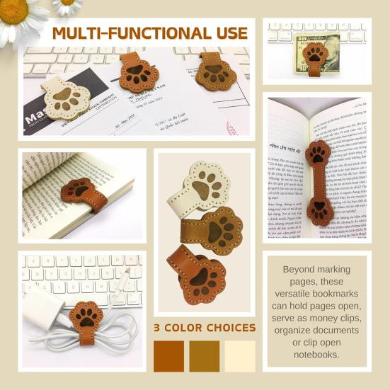 3 Pcs Magnetic Faux Leather Bookmark Cute Cat Face/Paw Shape Strong Magnet Page Clips Reading Accessory for Book Lovers Teachers Students Reader