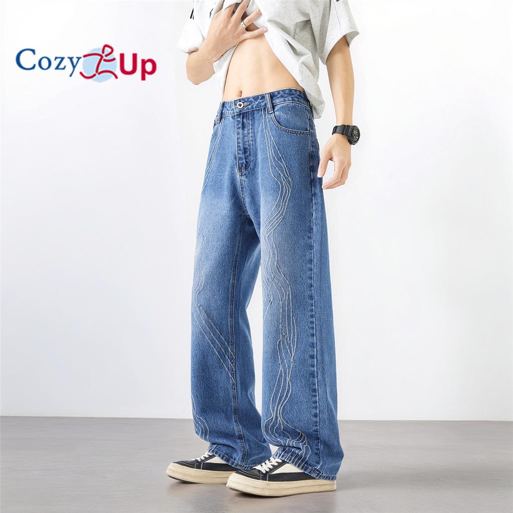 Men's Heavy Embroidered Jeans Washed Distressed Straight Loose Wide-leg Pants