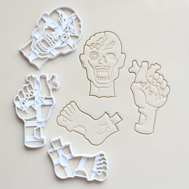 3pcs Halloween Horror Cookie Cutter Set , Skeleton, Zombie, and Hand Designs Plastic Baking Tools for Fondant Cake Decorating, DIY Desserts,