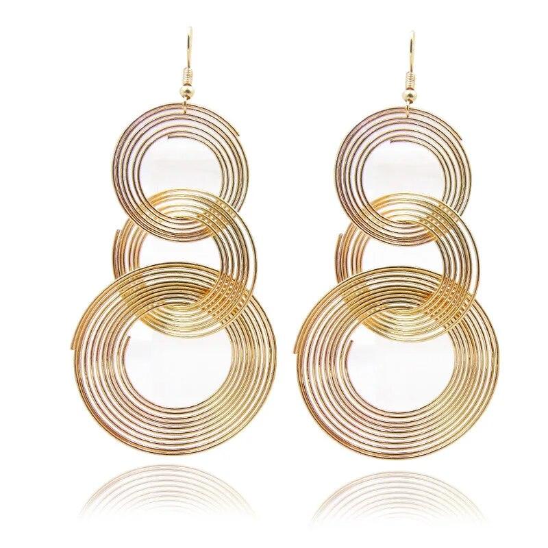 

Панк золотого цвета большие геометрические 3 круга металлические длинные висячие серьги для женщин богемные вечерние преувеличенные модные украшения