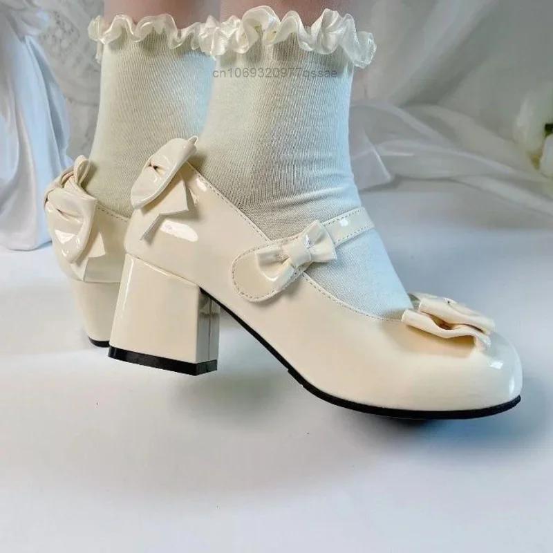 Fashion 2025 Lolita Style Cute Round Head  Jane Pumps With Bow Women's Sweet Party Dress Midi Heels Shoes Fashion PU Sandals