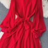 Elegant V-Neck Chiffon Dress with Waist-Cinching A-Line and Pleated Design