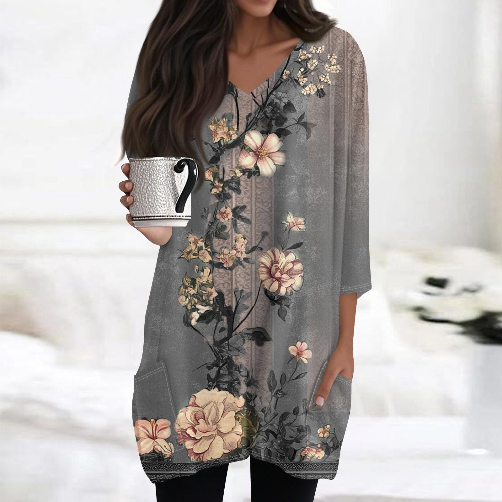 

Women s Casual V-neck 3/4 Sleeve Vintage Floral Print Top XXL