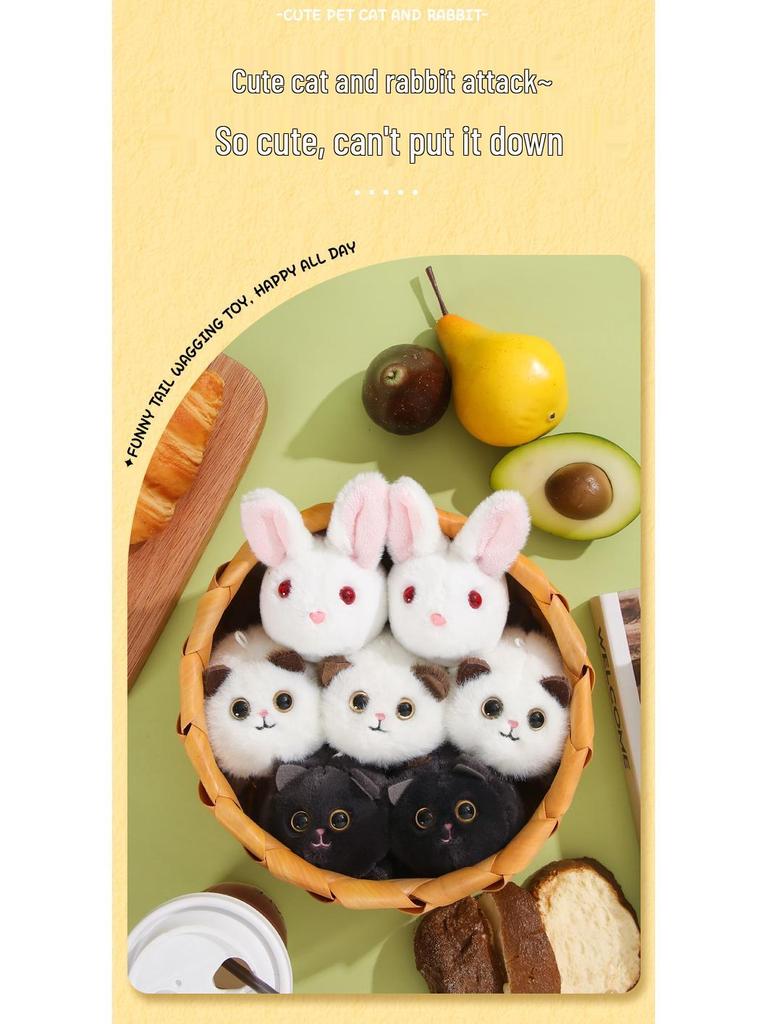 Wagging Tail Cat & White Rabbit Plush Toy Pendant Keychain for Couples