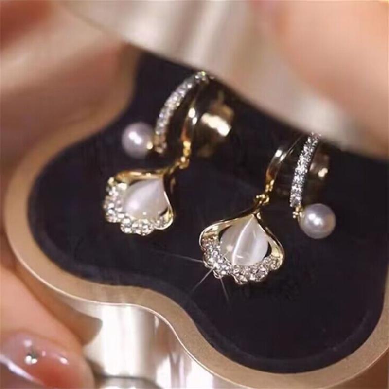 Ginkgo Hoop Earrings Opal Crystal Pearl  for Women Korean Creative Design Temperament Personality Jewelry Girl Gift Brincos