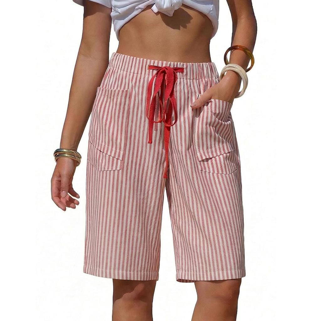 Women's Casual Summer Vacation Striped Shorts Elastic Waistband with Drawstring Pockets Loose Fit Comfortable Beachwear