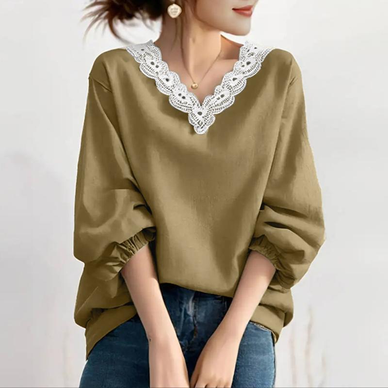 ZANZEA Women Lace Splice V-neck Casual Long Sleeve Blouse
