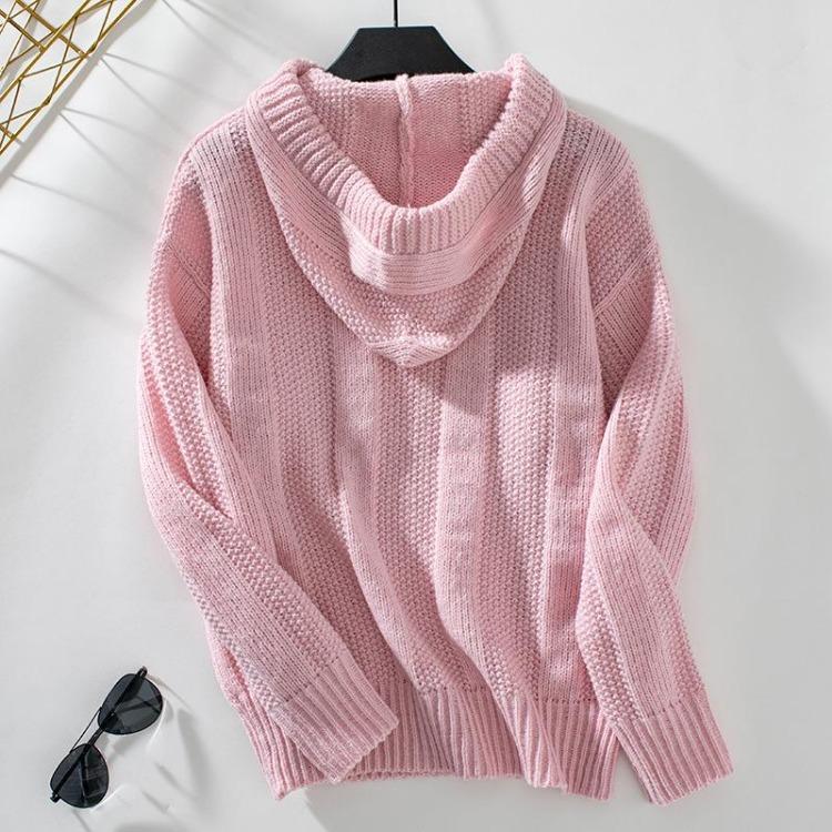 Vintage Pullover Sweater Hooded Loose Long Sleeve V-Neck Solid Color Knitwear Top for Autumn Winter