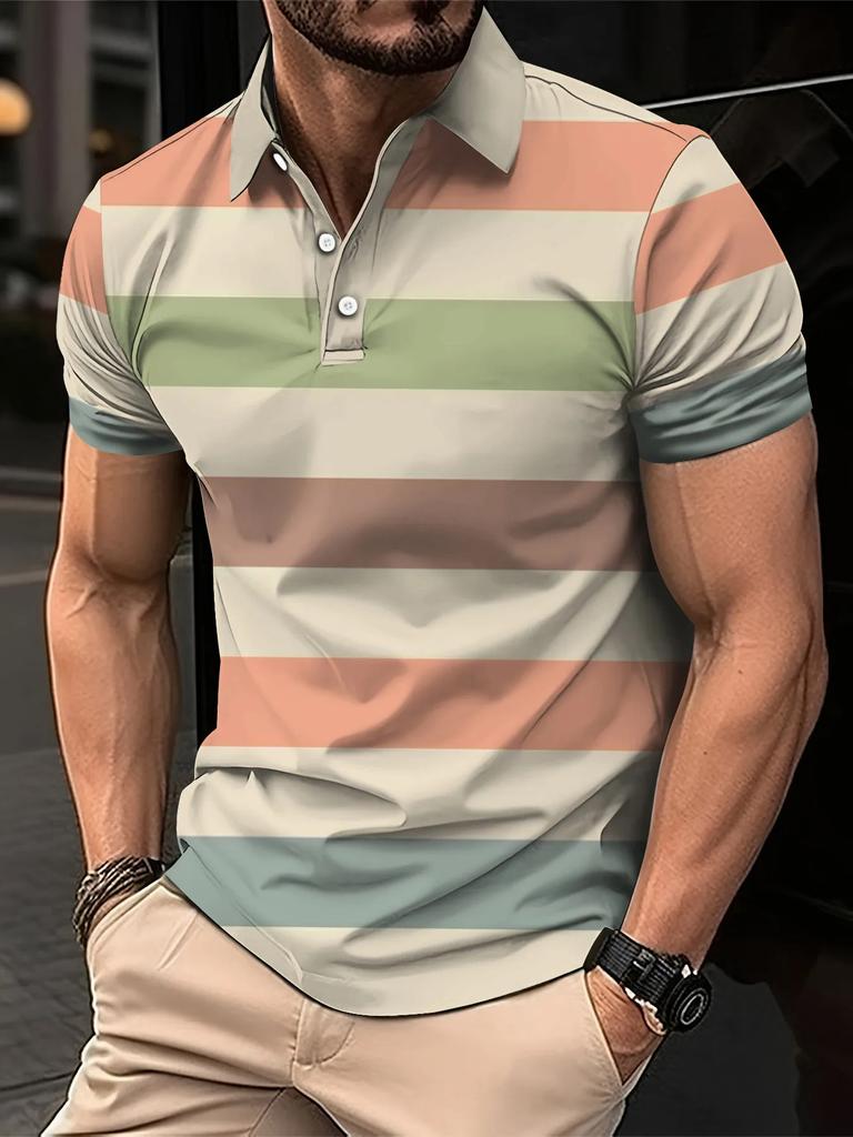 Men's Summer Short Clothes Sleeved Lapel 3D Digital Printed Striped Polo Shirt Men's Fashion Business Casual Top Clothes