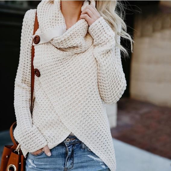 Autumn/Winter Women's Long-Sleeve Irregular Knit Color Block Button Sweater