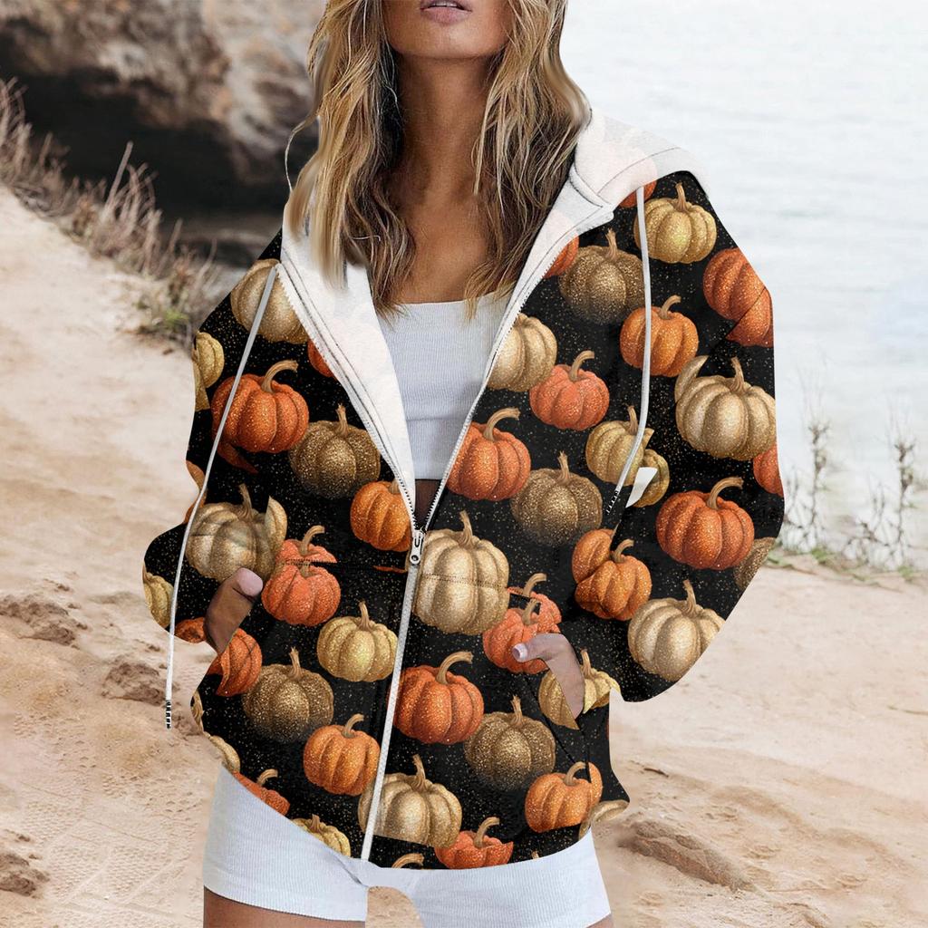 Women's Fashion Casual Halloween Printed Sweatshirt Long Sleeve With Pocket Cardigan Jacket Zipper Hoodie Coat