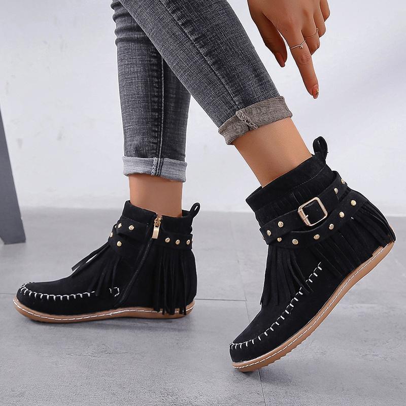 Women's Fashion Retro Boots Winter Ankle Boots Flat Boots Tassel Ladies Boots Plus Size 35-43