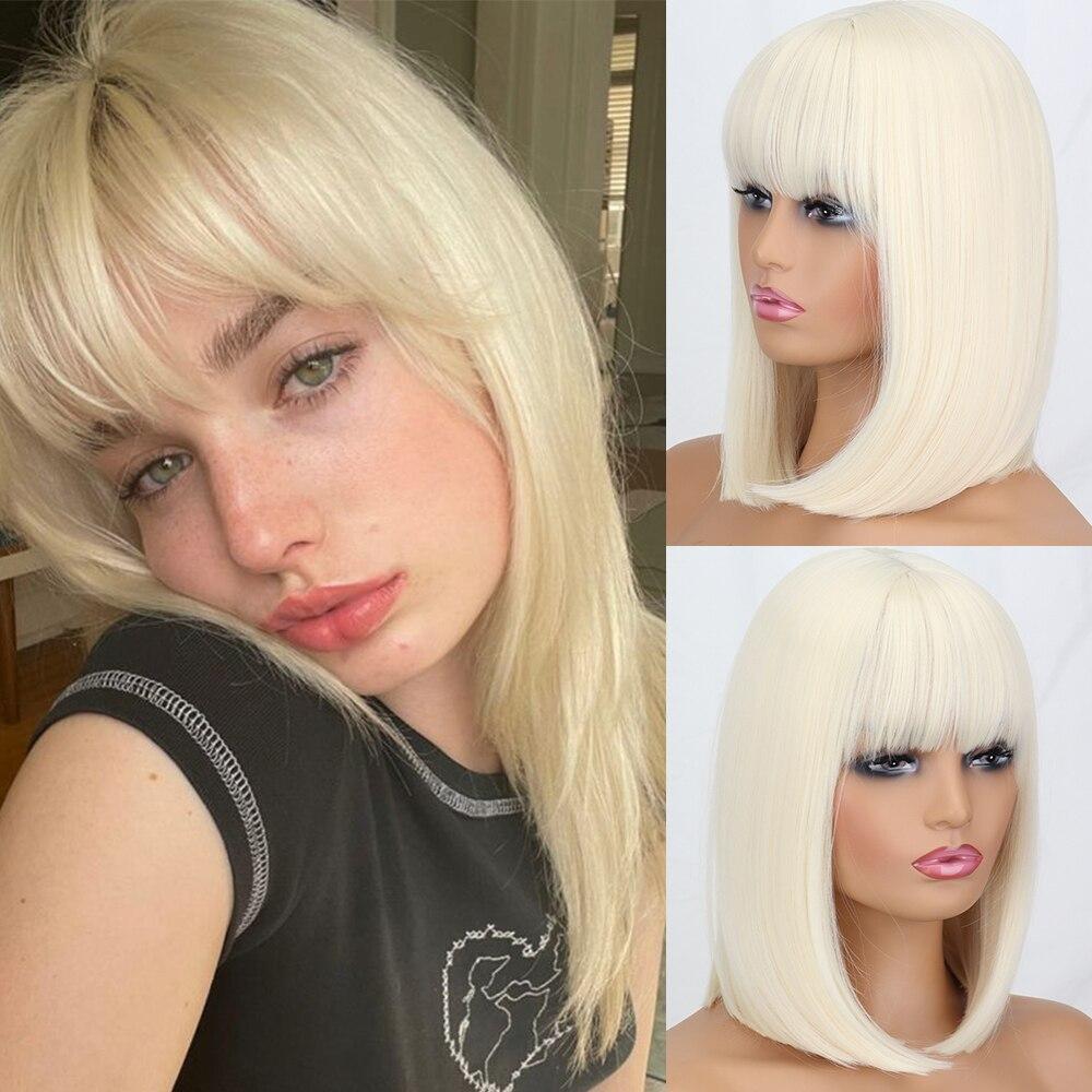MISS WIG Kurze, glatte Bob-Perücke aus Kunstfaser mit Pony, Weiß, Rosa, Braun, Naturhaar für Damen, für den Alltag, Cosplay
