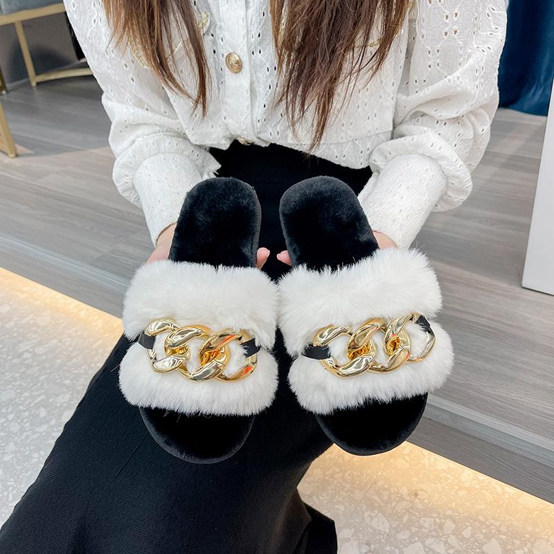 Casual Outdoor Plush Shoes Fashion Flat-bottomed Rhinestone Plush Slippers Women Size 43 Women Shoes Slippers Flat With