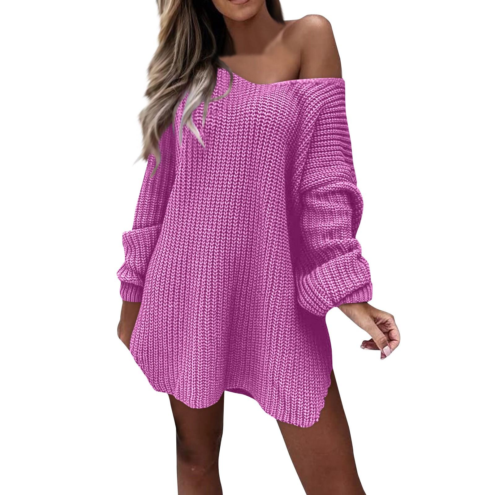 

Жіночий модний повсякденний однотонний вільний в’язаний светр, осінньо-зимовий пуловер, джемпер з v-подібним вирізом L гарячі рожевого кольору