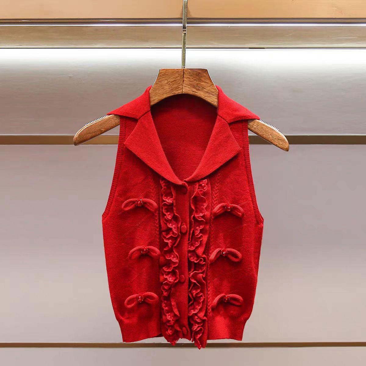 Spring 2026 Bow Bead Knit Sleeveless Vest M красный