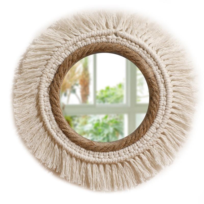 1pc Cotton Rope Woven Mirror Round Tassel Wall Hang Simple Tapestry For Home Bedroom Living Room Entry Art Decor