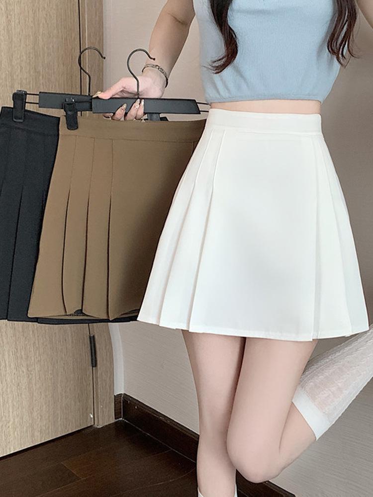 2024 Summer Black High Waist Pleated Midi Skirt - Petite Korean A-Line Skirt for Women