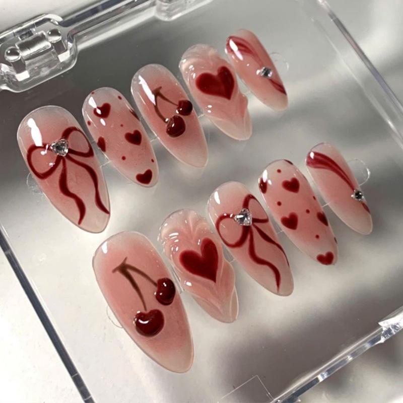 24PCS Cat Eye Wine Red Almond Stick on False Nails Valentine Sweet 3D Bowknot Plaid Simple Nails Tips Wearable Manicure Fashion