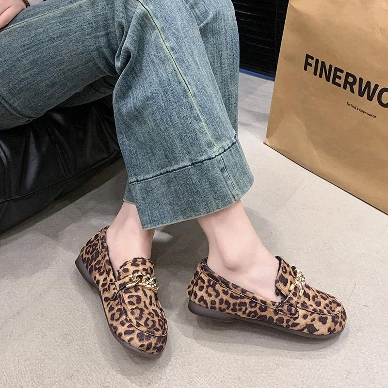 Fashion Women's Shoes 2024 Brand Loafers Women's Flats Fashion Leopard Print Casual Flat Shoes Hot Sale Metal Decoration Flat Low Heels