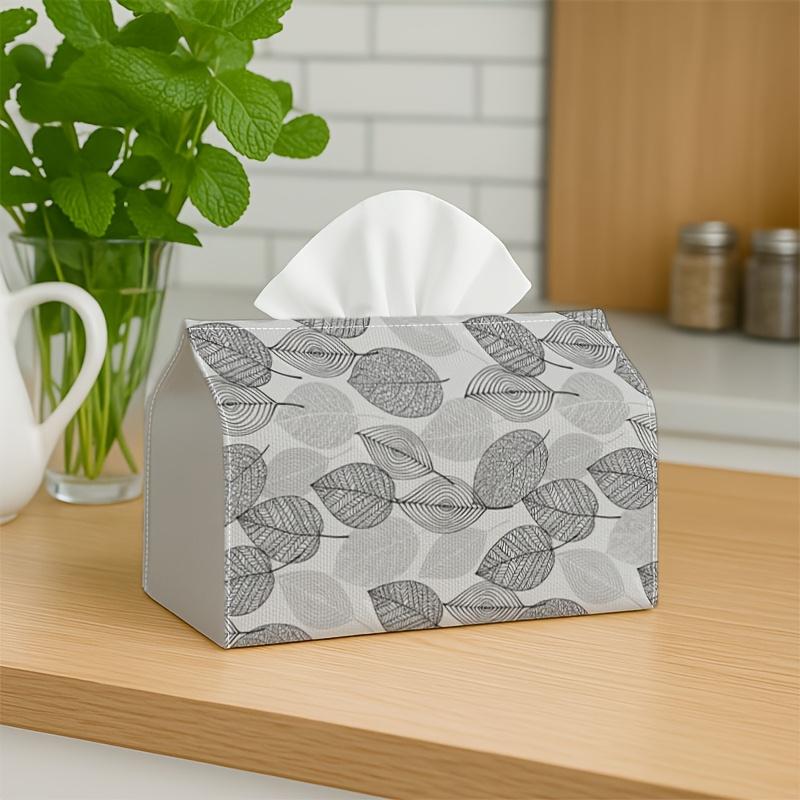 1pc Easy Design Tissue Box Cover - Gray Leaf Line Art, Water-Resistant, Versatile for Home & Vehicle Decoration, Desktop Use, Innovative, Napkin Holde
