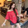 Sweet and Spicy Girl Red Striped Cross-shoulder Short-sleeve T-shirt for Women, New Summer Casual Slimming Loose Off-shoulder Versatile Top