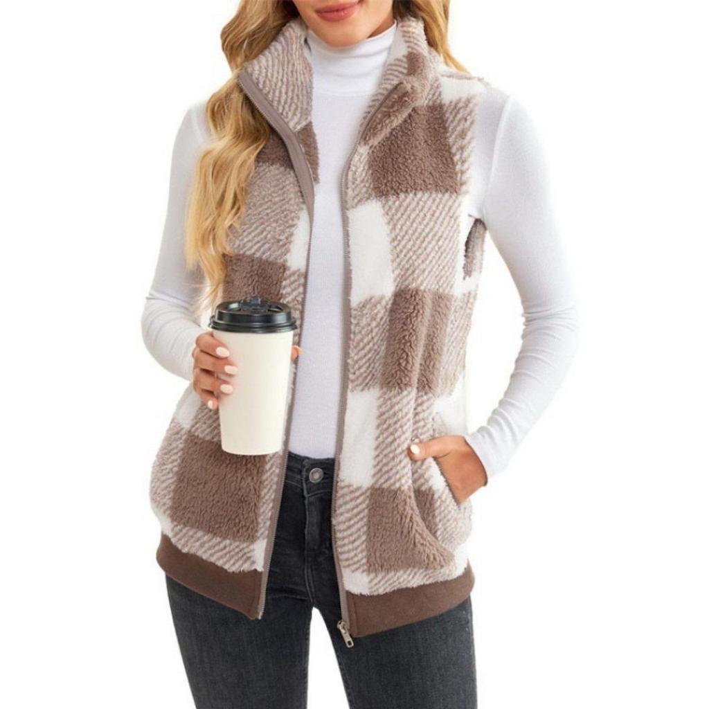 New Women's Plaid Fleece Cardigan Vest - Stand Collar Sleeveless Outerwear for Ladies - Comfortable Casual Jacket