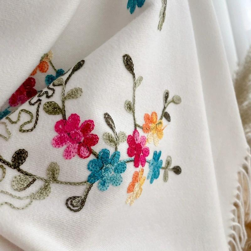 Women Winter Warm Faux Cashmere Scarf Long Winter Embroidered Floral Pattern Cold-Proof Shawls And Wraps